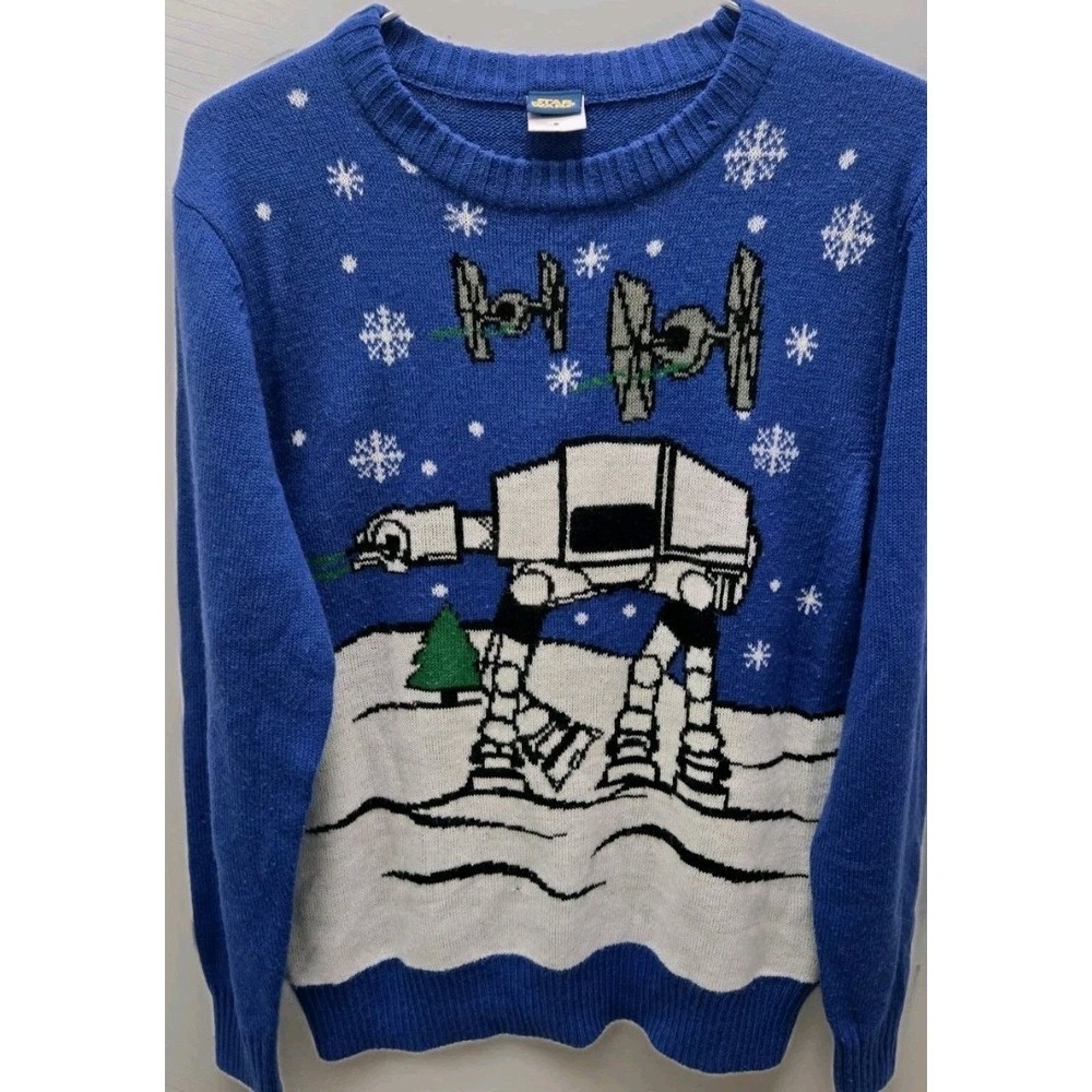 Official Star Wars AT-AT Medium Blue All Over Ugly Christmas Snowflake Sweater